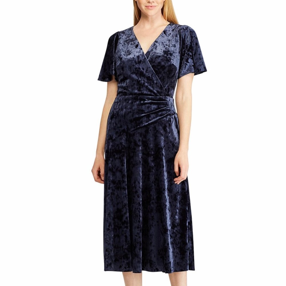 Lauren Ralph Lauren Women's Velvet Fit and Flare Dress Navy Size 10